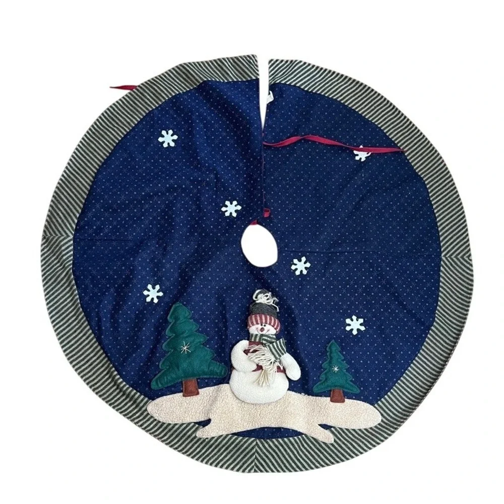 Rustic Snowman Navy Blue Snowflakes Green Stripes Christmas Holiday Tree‎ Skirt